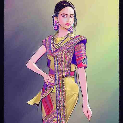 fashion designer color sketch illustration of a beautiful girl wearing modern stylish costume in the style of Assamese bihu mekhela sador design gamosa, elegant glamourous cosplay, unreal engine 8k, ornamental, intricate, sensual, highly detailed, artstation, golden ratio, sharp focus