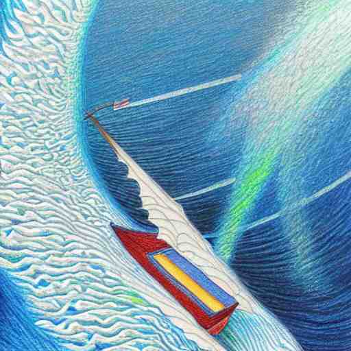  Colored pencil art on paper, Sailboat surfing the waves, highly detailed, artstation, MasterPiece, Award-Winning, Caran d'Ache Luminance