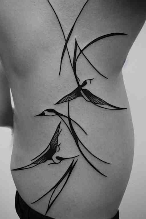 a beautiful tattoo design of minimalist swallows flying into spherical lines and simple basic shapes, black ink, abstract logo, line art 