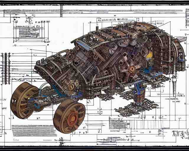 a full page of a mechanical blueprint showing a design for a mechanized sloth from howl's moving castle ( 2 0 0 4 ), with a big head, muted colors, post grunge, studio ghibli, hq, 