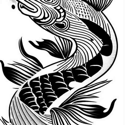 black and white tattoo of koi fish with camelia flowers, on white background, japanese traditional style, stylized, 