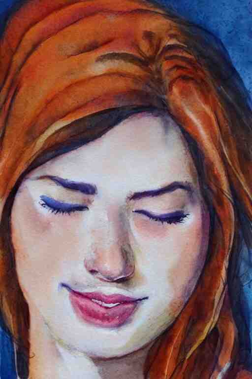 portrait of a young beautiful auburn woman, closing her eyes, smiling, aquarelle, realistic painting, freckles, 1 / 4 headshot 