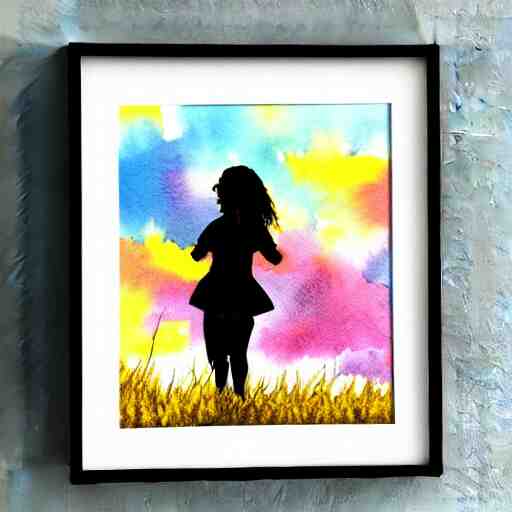 silhouette of a girl in a field of wheat, colorful clouds in the sky, watercolor