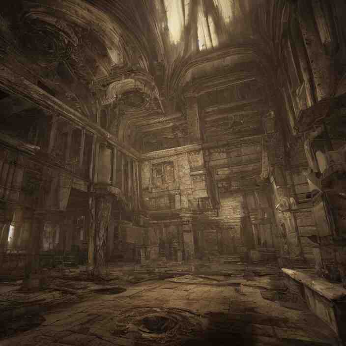 interior mazelike architecture from quake, lovecraftian, liminal space, moody lighting, unreal engine 5, hyper detailed, hyper realistic 