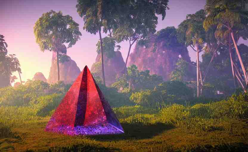 a crystal tetrahedron!!! in the middle of ancient ruins in a lush prehistoric jungle, inside a humongous cave, red and magenta flowers, sunset, godrays, orange and blue sky, haze, volumetric lighting, a high - quality render, photorealistic, unreal engine 5 