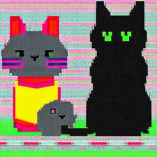 8-bit art of a black cat and gray mouse, 80s, vivid colors