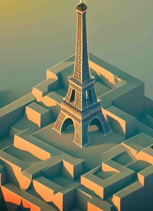 a low poly isometric render of eiffel tower in the style of monument valley, intricate, elegant, smooth shading, soft lighting, illustration, simple, solid shapes, by magali villeneuve, jeremy lipkin and michael garmash, rob rey and kentaro miura style, octane render 