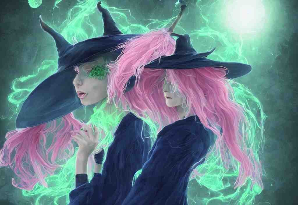 beautuful witch with light pink hair, a dark blue hat and dark blue robes brewing a bright green potion, digital art, trending on artstation, award-winning photograph