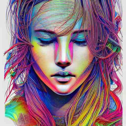 the head of a beautiful rainbow woman, an ultrafine detailed illustration by james jean, final fantasy, intricate linework, bright colors, behance contest winner, vanitas, angular, altermodern, unreal engine 5 highly rendered, global illumination, radiant light, detailed and intricate environment 