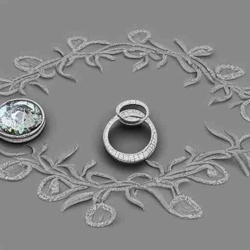 intricate!! organic, nordic wedding ring and necklace, silver gemstones and diamond, isolated on a dreamy floral background, refraction, occlusion, lower and upper levels, keyshot render, octane render, vray render 