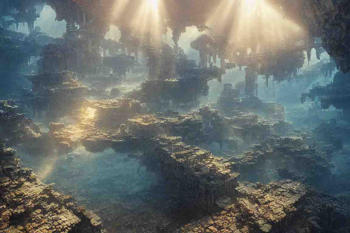 sunbeams shining through underwater city ruins, oil painting, concept art, filip hodas, john howe, mike winkelmann, jessica rossier, andreas rocha, bruce pennington, 4 k, 