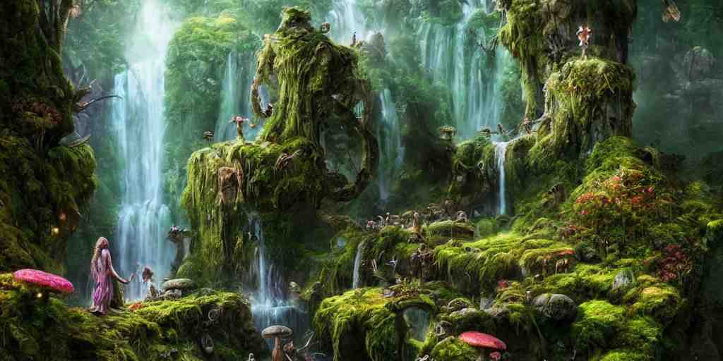 fairyland scenery landscape, lord of the rings, waterfalls, monoliths, flowers, mushroom structures, moss highly detailed, vivid color, perfect lighting, perfect composition, 8 k, brian froud, artgerm, derek zabrocki, greg rutkowski 