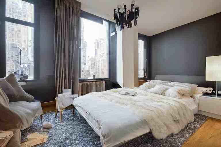 A sunny bedroom, exquisite decoration, all New York Apartments style furniture, polar bear, high tech