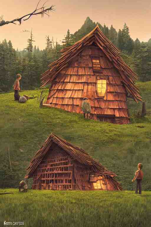 an awesome twilight day concept art of old hut standing at giant hen's legs, by kengo kuma and wes anderson with village, mixed development, cgsociety, fantastic realism, artstation hq 