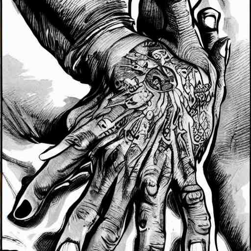 precisely drawn illustration of tattoo of seven fingered hand on upper arm, wide angle, sharp, fine details, french comic style, vibrant realistic colors, full color, heroic fantasy, intense line art, 8 k, precise linework, realistic, in the style of heavy metal comics and richard corben and moebius 