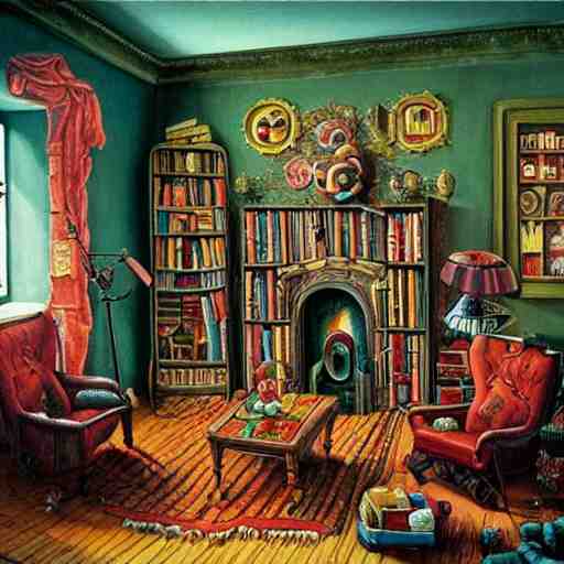 a painting of a living room filled with furniture, a surrealist painting by jacek yerka, cgsociety, fantastic realism, maximalist, surrealist, detailed painting 