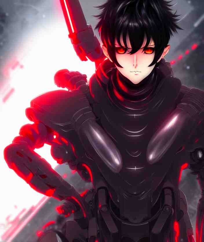 a detailed manga illustration character full body portrait of a dark haired cyborg anime man who has a red mechanical eye, trending on artstation, digital art, 4 k resolution, detailed, high quality, sharp focus, hq artwork, insane detail, concept art, character concept, character illustration, full body illustration, cinematic, dramatic lighting 