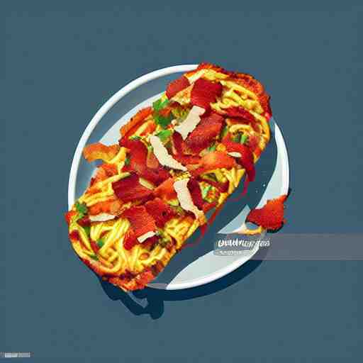 a bowl of spaghetti an omlette and a slice of bacon sitting on a bench, trending on artstation, vector 