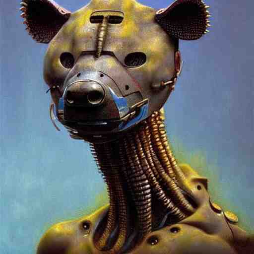 hyena robot, cyberpunk, highly detailed quadrupedal cyborg, beksinski style, very detailed painting 