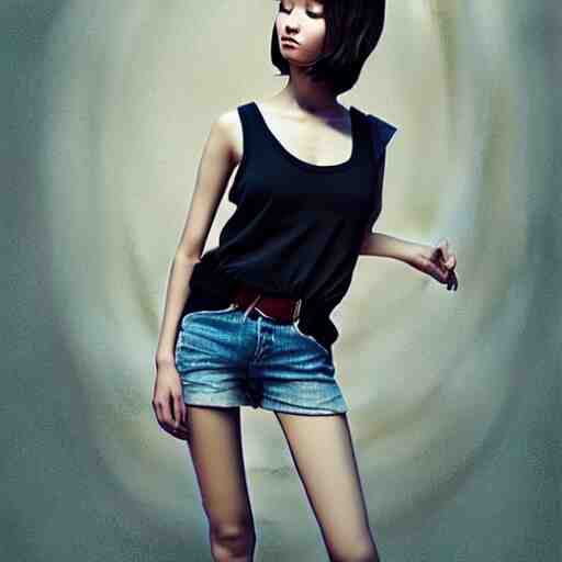 gracefully enchanting studio portraiture of finely fashionable, elegantly dressed, stunning reserved young uzbek model who is slender, tank top, denim shorts. digital art by killian eng and range murata 