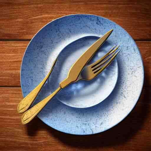 a hyperdetailed blue fork, 3 d render, ultra high detail, octane render, rtx, hdr, the fork is on a plate, the plate is on a wooden table. 