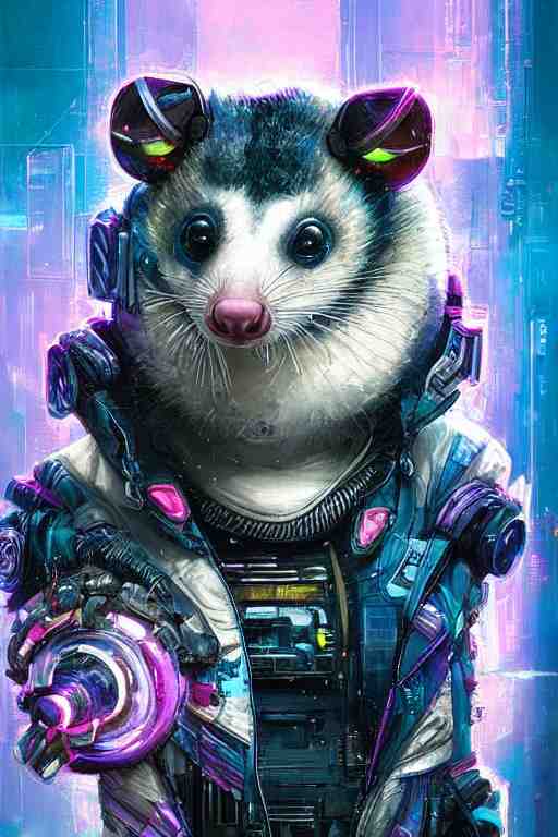 a beautiful portrait of a cute cyberpunk opossum by sandra chevrier and greg rutkowski and wlop, purple blue color scheme, high key lighting, volumetric light, digital art, highly detailed, fine detail, intricate, ornate, complex, octane render, unreal engine, photorealistic 