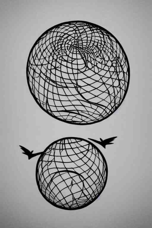 a beautiful tattoo design of minimalist swallows flying into spherical lines and simple basic shapes, black ink, line art 