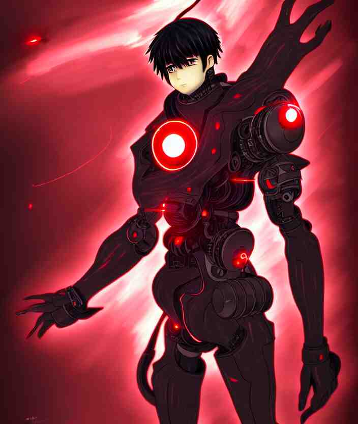 a detailed manga illustration character full body portrait of a dark haired cyborg anime man who has a red mechanical eye, trending on artstation, digital art, 4 k resolution, detailed, high quality, sharp focus, hq artwork, insane detail, concept art, character concept, character illustration, full body illustration, cinematic, dramatic lighting 