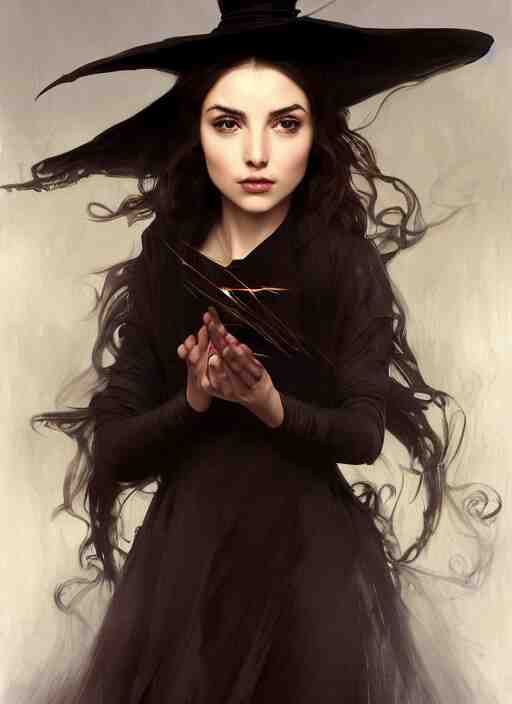 character concept portrait of anna de armas as a witch with a big black pointy hat casting a spell, a floating burning love potion in the center, intricate, elegant, digital painting, concept art, smooth, sharp focus, illustration, from Metal Gear, by Ruan Jia and Mandy Jurgens and William-Adolphe Bouguereau, Artgerm