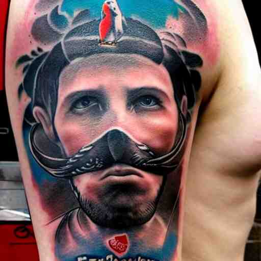 ink tatoo, a swallow with a black beard wearing an athletic bilbao shirt, 4 k, masterpiece 