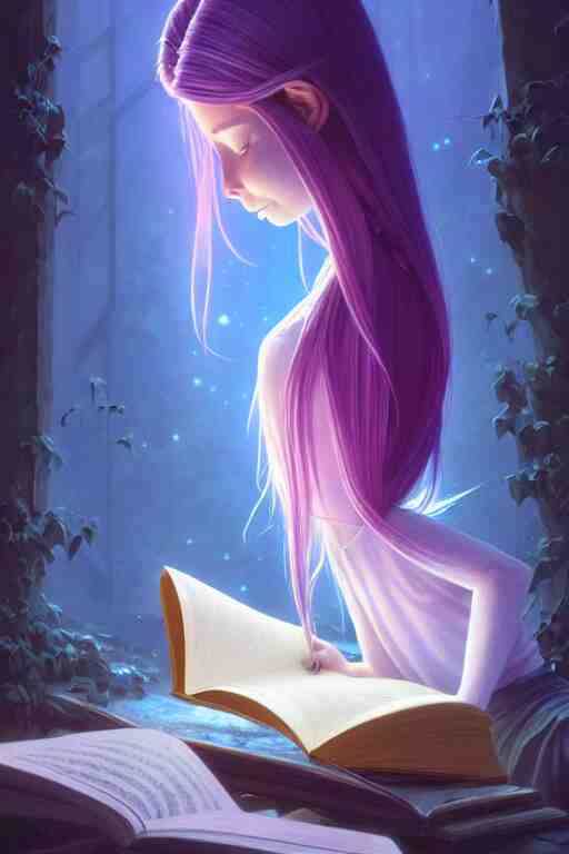 highly detailed portrait of beautiful girl reading a book, hair flowing down, in pixar inside out, dynamic pose, stephen bliss, unreal engine, fantasy art by greg rutkowski, loish, rhads, ferdinand knab, makoto shinkai and lois van baarle, ilya kuvshinov, rossdraws, tom bagshaw, global illumination, radiant light, detailed and intricate environment 