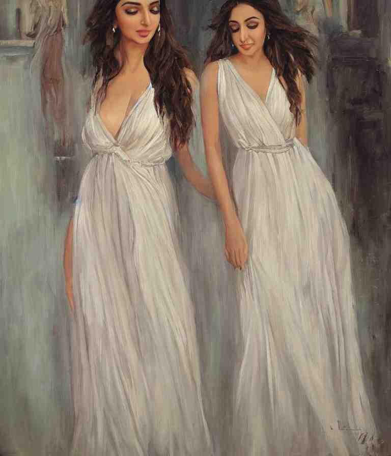 Kiara Advani in V-neck dress. history painting, dusk, flowy dress Kiara Advani, artstation, oil on canvas, by Albert Aublet, Private Collection