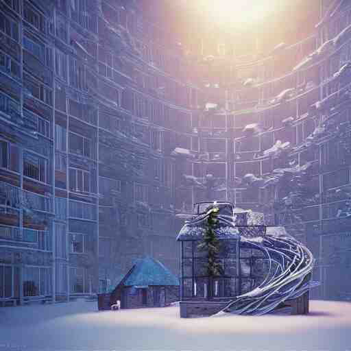 a snow globe with a soviet apartment building in it, rending on cgsociety, retrofuturism, tesseract, isometric, physically based rendering, 1 9 9 0's 