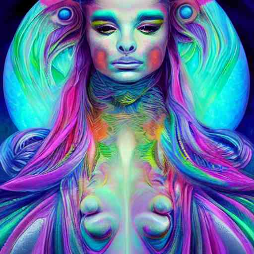 a psychedelic chakra awakening kundalini ethereal portrait of kim petras with her eyes closed transcending to a higher plane of existence, eternal blessing, multiverse, by android jones, by ben ridgeway, by ross draws, by noah bradley, by maciej kuciara, visionary art, oil painting, artgerm, featured on artstation, cgsociety, greg rutkowski 