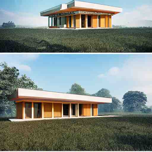 rectangular modernist house inspired by a tibetan palace, surrounded by thick collumns, two levels, in a field, big trees, clouds, dramatic lighting, artstation, matte painting, raphael lacoste, simon stalenhag, frank lloyd wright, drone view 