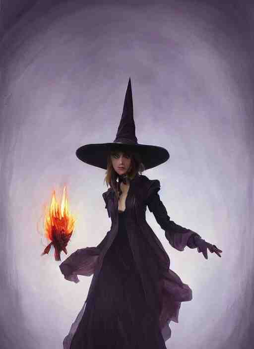 character concept portrait of anna de armas as a witch with a big black pointy hat casting a spell, a floating burning love potion in the center, intricate, elegant, digital painting, concept art, smooth, sharp focus, illustration, from Metal Gear, by Ruan Jia and Mandy Jurgens and William-Adolphe Bouguereau, Artgerm