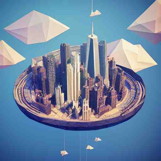 low poly art of a round floating island in the sky with the skyscrapers of New York on it, surrounded by waterfalls, isometric art, 3d render, ray tracing, high detail, artstation, concept art, behance, smooth, sharp focus, ethereal lighting, unreal engine 5