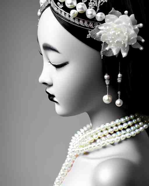 black and white dreamy young beautiful crowned female artificial intelligence, crown is full of flowers and pearls, realistic pearl ornament in the face, long hair are intricate with highly detailed realistic pearls, cinematic, rim light, bokeh, photo - realistic, elegant, high detail, 8 k, masterpiece, photo taken in 1 9 3 0 