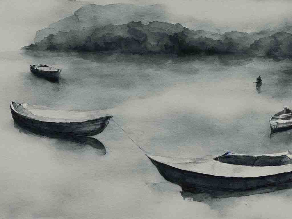 a boat is parked on the lake, there is only one person on the boat fishing, cinematic landscape ， natural light, ink painting 