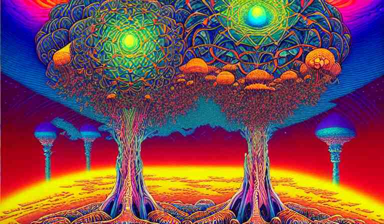 an expansive rendering of beautiful and complex oneness of all things by dan mumford, by jim fitzpatrick, by joe wilson, by jim burns, by victo ngai, by jacek yerka, surrounded with colorful magic mushrooms and rainbowcolored marihuana leaves, insanely integrate, featured on deviant art, trending on artstation 