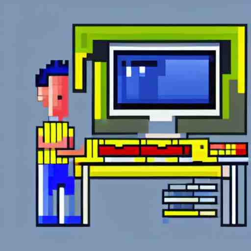 pixel art of programmer in front of his computer station, pixel art, detailed, ideal symmetry, perfect pixel alignment, isometric 8 k, 