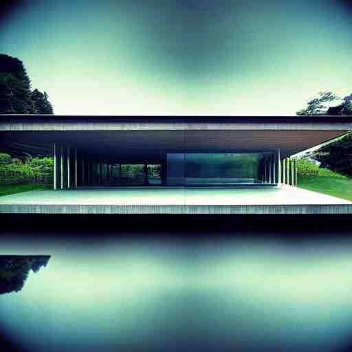 modern house on the lake, artwork by tadao ando, mystic, melancholy, pinhole analogue photo quality, lomography, blur, unfocus, cinematic, foil effect, holographic effect 