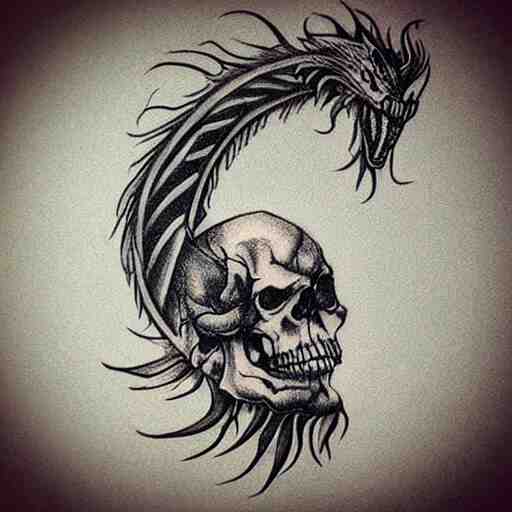 Very detailed masterpiece tattoo sketch of Dragon with skull