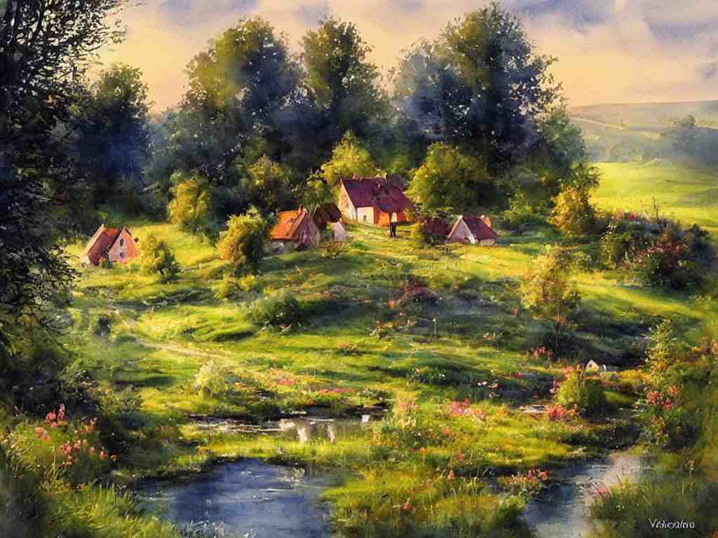 a beautiful night in the swedish countryside, watercolor painting by vladimir volegov 