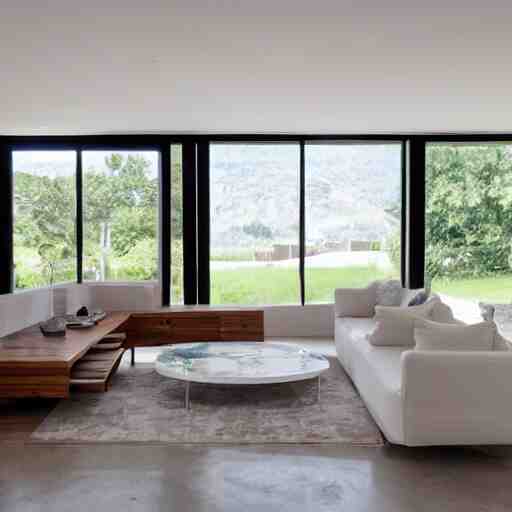 A modern living room with 2 sofas facing each other with a white marble table in the center, on the left side of the living room there is a floor to ceiling glass window while on the right side of the living room there are wooden stairs that lead to the second floor, 8k resolution