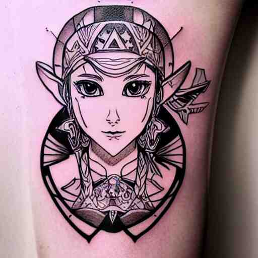 tattoo design, stencil, clean line art, g pen, portrait of princess zelda by artgerm, symmetrical face, beautiful, triforce 