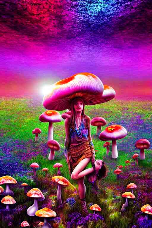 hyperrealistic portrait of melting hippies - epic cinematic mushrooms with psychedelic field of flowers, highly detailed smooth digital art masterpiece, pablo amaringo dramatic low light, ground angle uhd 8 k, sharp focus 