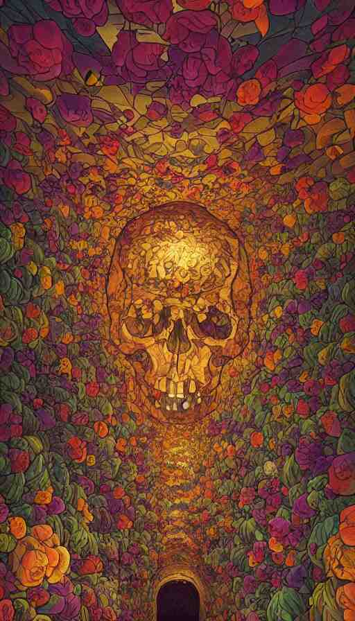 The luminous cavern of floral skulls, italian futurism, Dan Mumford, da vinci, Josan Gonzalez