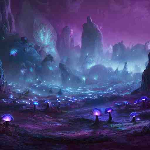 concept art painting of a fantasy alien fungal landscape at night, with glowing blue lights, glowing blue mushrooms, dark purple sky, realistic, detailed, cel shaded, in the style of makoto shinkai and greg rutkowski and albert bierstadt and james gurney 
