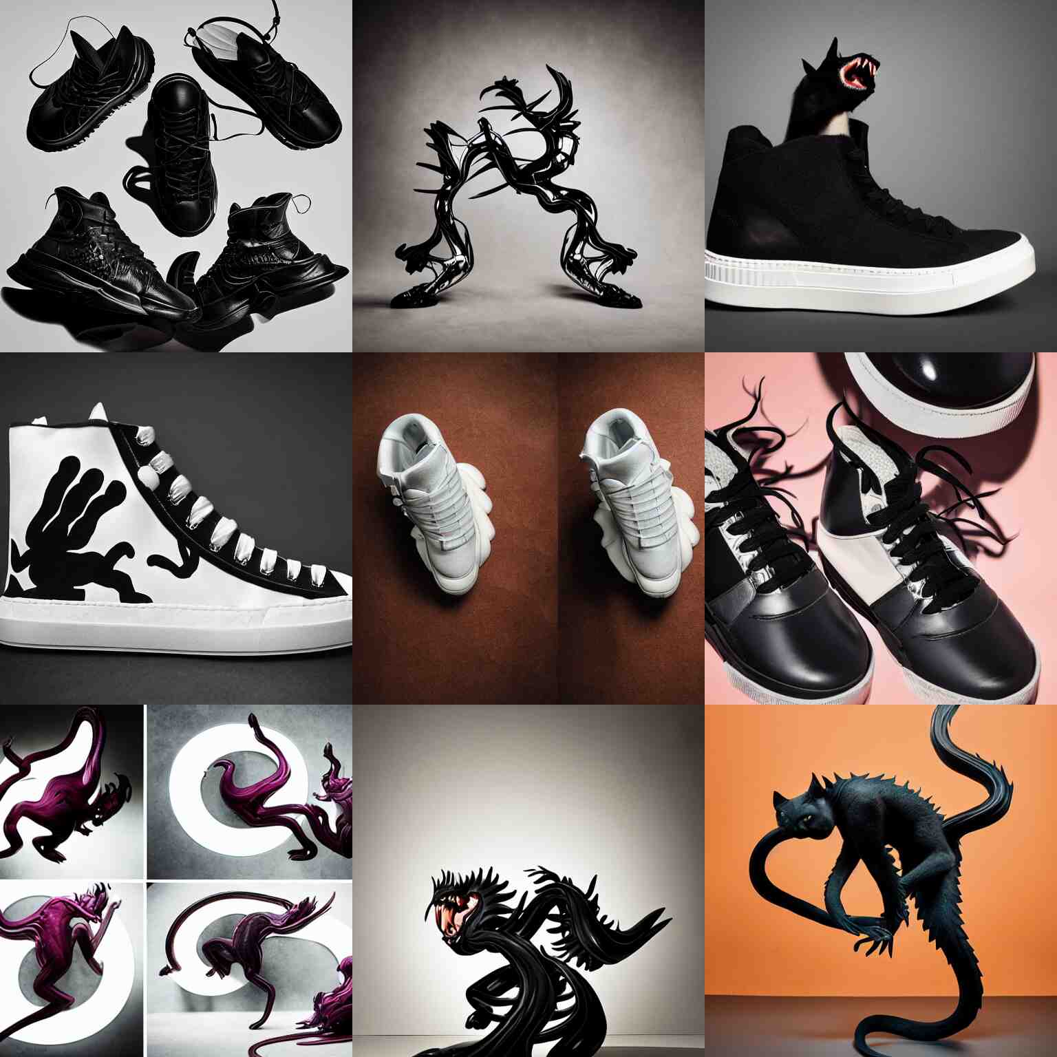 collector sneakers inspired by a displacer beast, studio photography, fun lighting, 